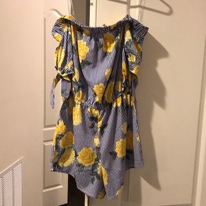 Hint of blush yellow roses blue stripe romper